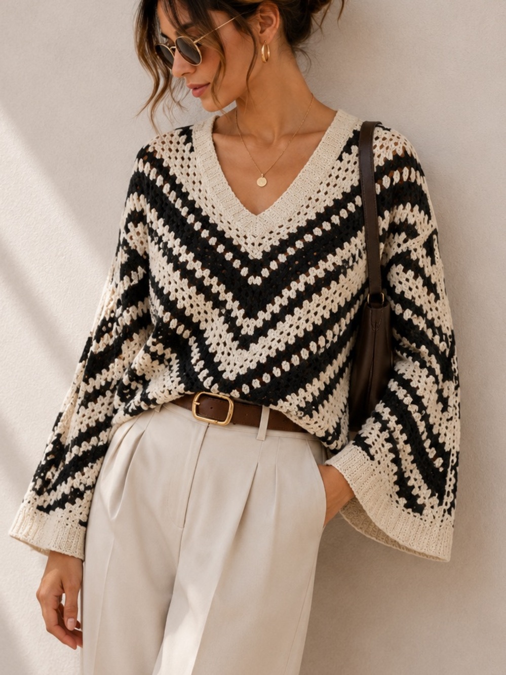 Mexx Black & Cream Chevron V-Neck Crochet Sweater